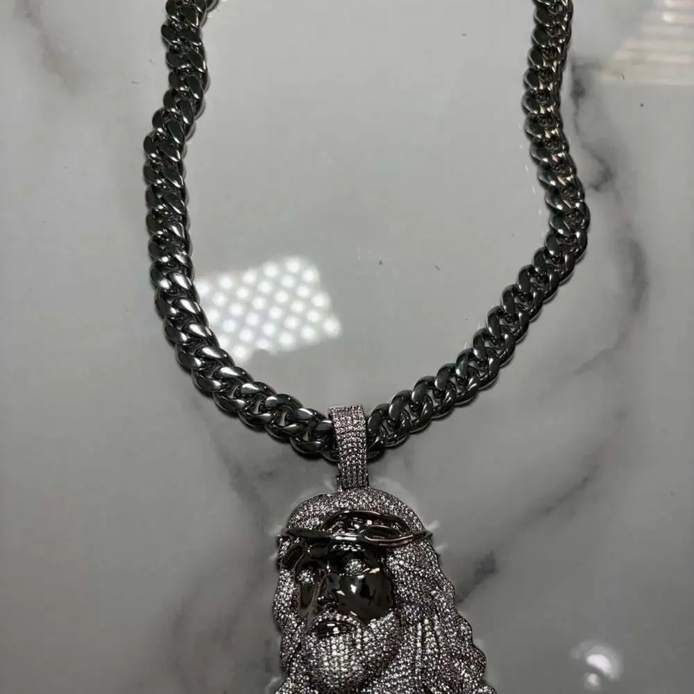 Silver Iced Out Jesus Pendant Necklace with Cuban Link Chain 20inch